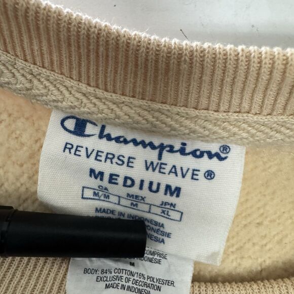 Champion Reverse Weave Sweatshirt Medium Crewneck Embroidered Logo‎ Beige Tan - Picture 7 of 7